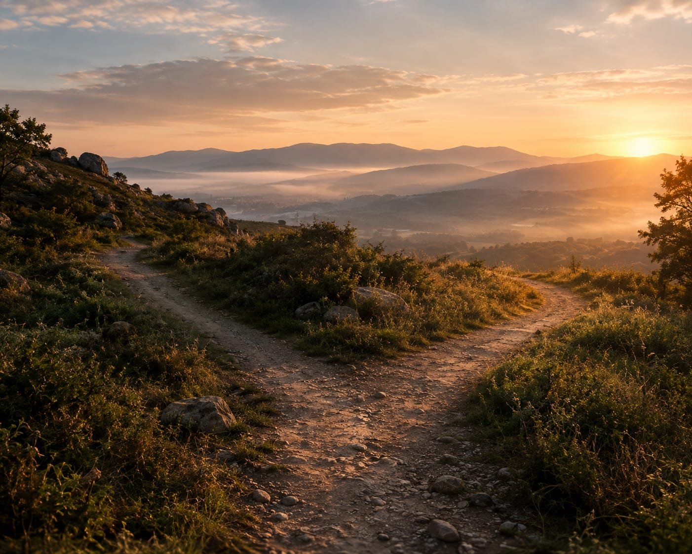 Caminho que se divide em dois em uma encosta tranquila ao amanhecer