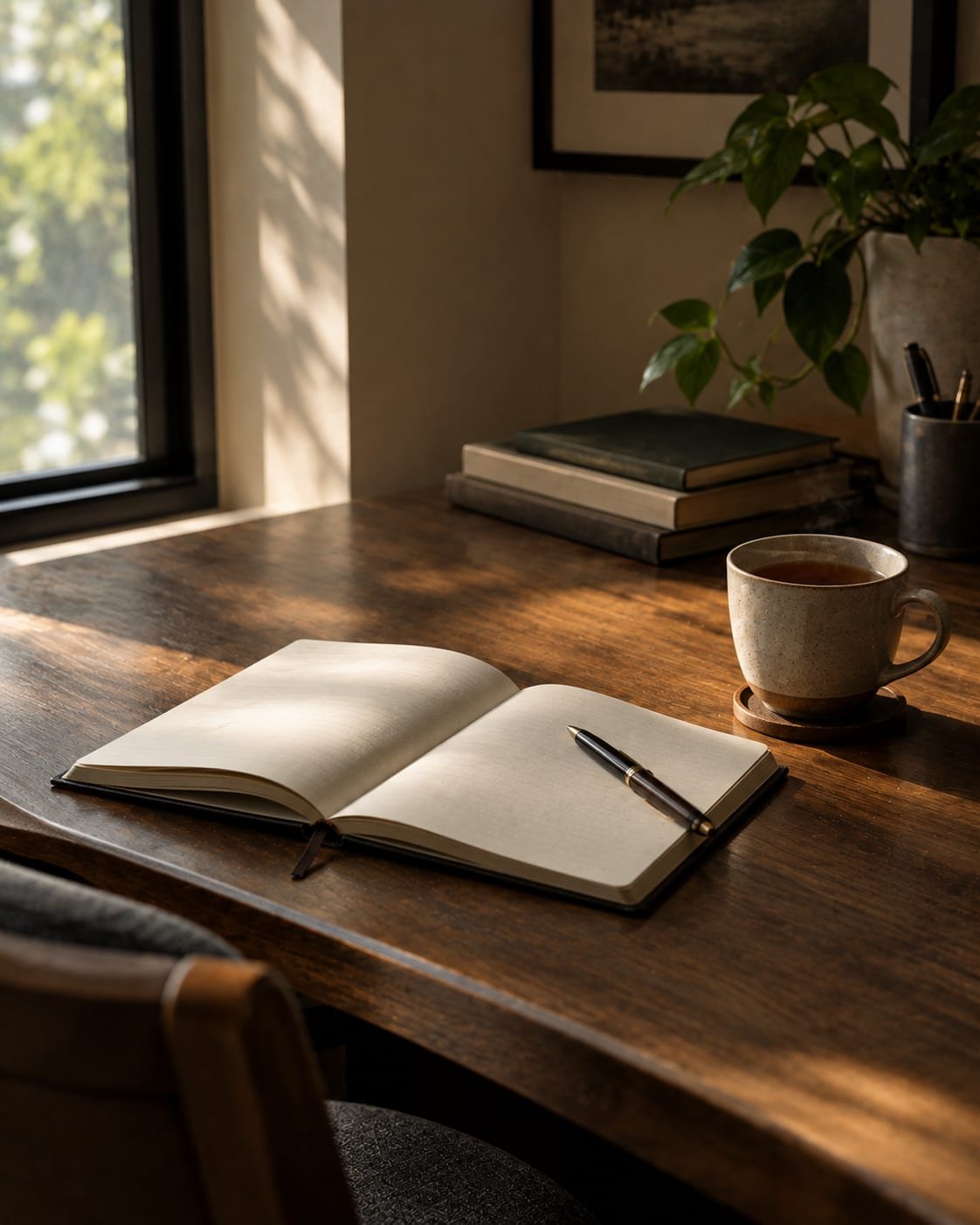 Canto de uma mesa contemporânea com caderno aberto e uma xícara de chá