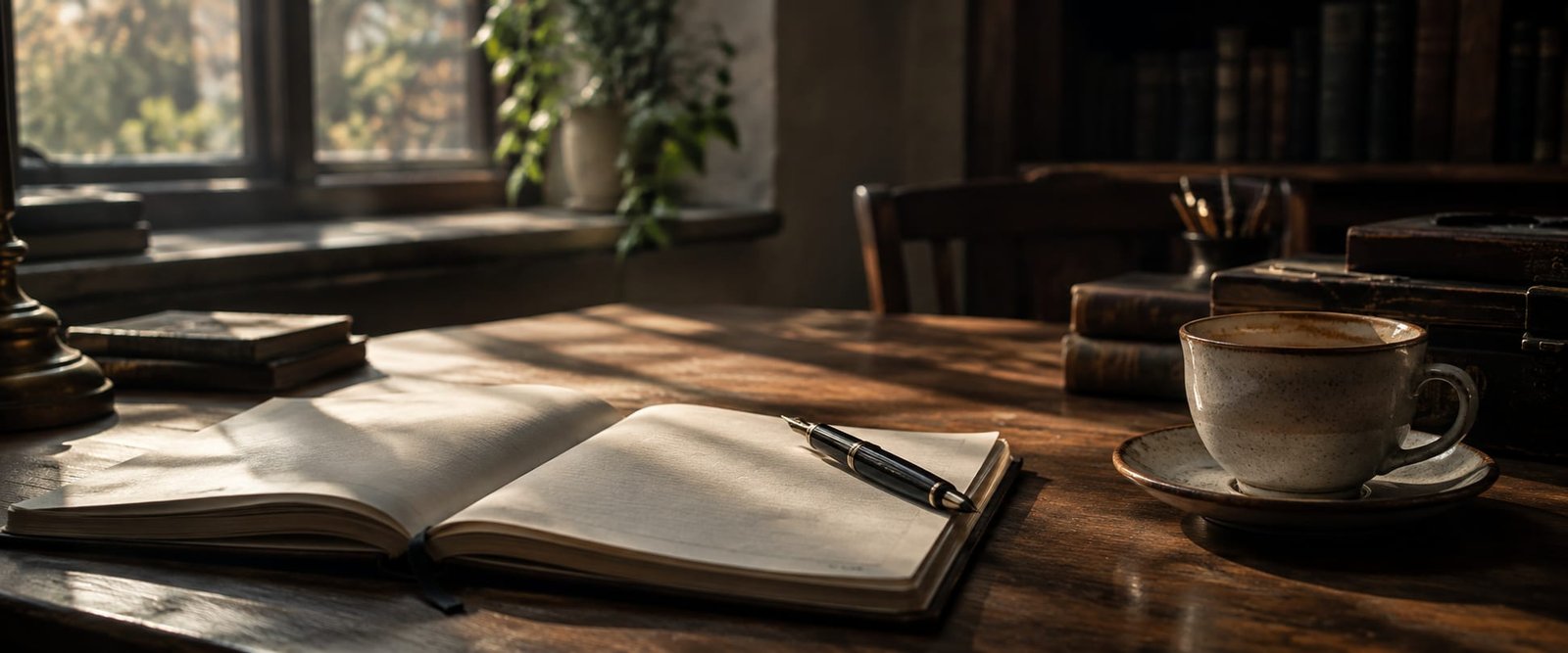 Mesa de escritor com caderno aberto, caneta e uma xícara de café pela metade, sob luz de fim de tarde