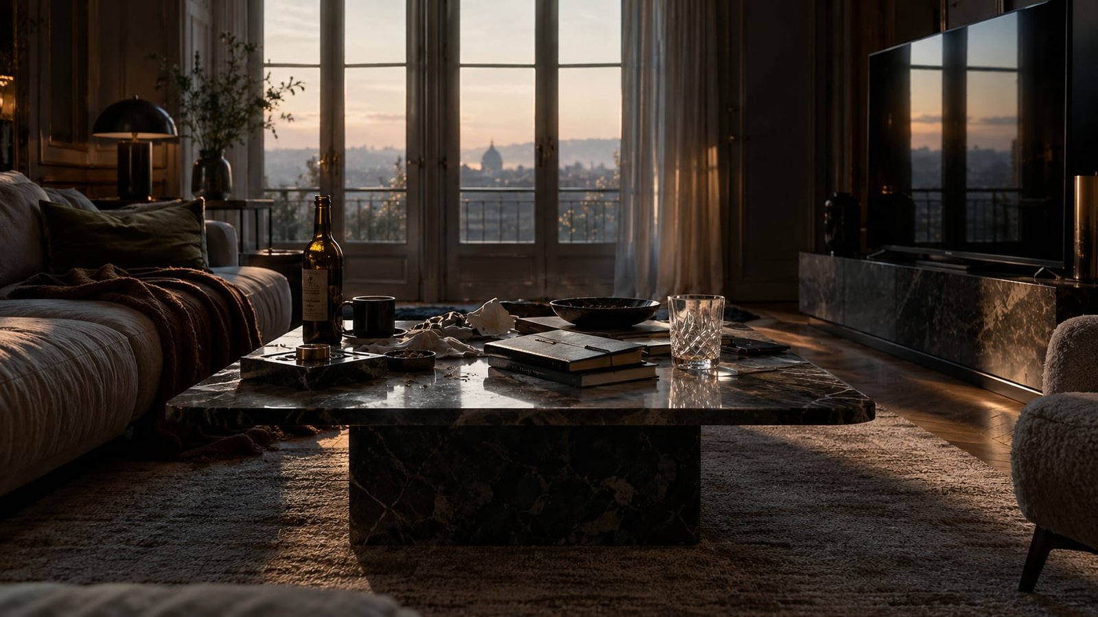 Mesa de centro desarrumada numa sala escura ao amanhecer, com um copo vazio, um caderno fechado e uma televisão desligada refletindo a luz pálida de janelas altas