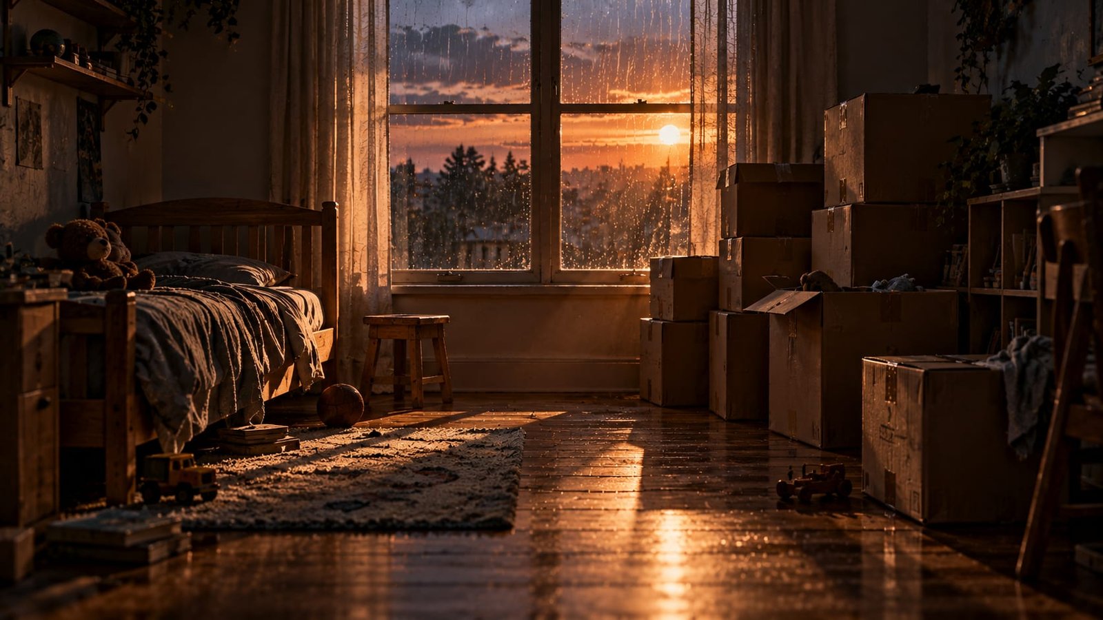 Quarto de criança vazio, com caixas de mudança lacradas empilhadas junto a uma janela com gotas de chuva e um feixe de luz quente da tarde sobre o piso de madeira