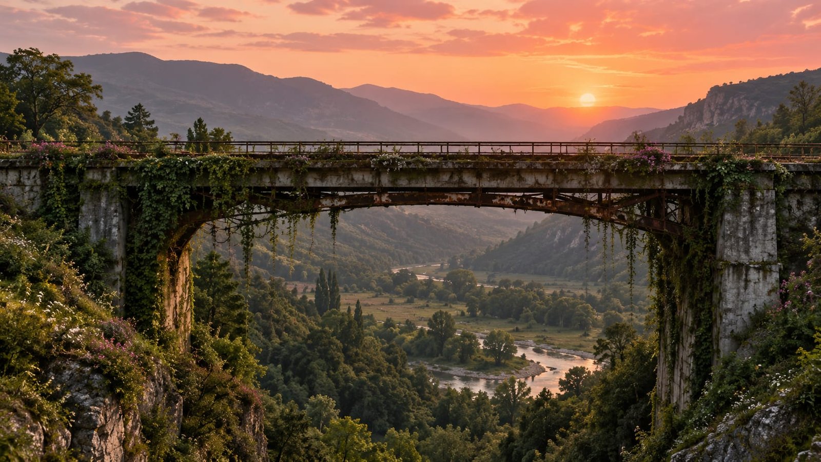 Restos enferrujados de um antigo viaduto tomados por musgo e flores silvestres de cores vivas num vale verdejante, sob um céu de entardecer em tons de rosa e laranja