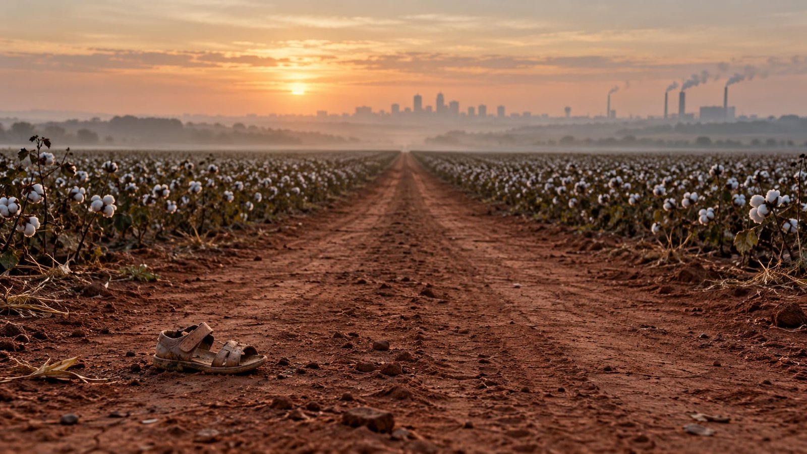 Estrada de terra vermelha vazia entre plantações de algodão ao amanhecer, levando a uma cidade enevoada com chaminés de fábrica ao longe, e um pequeno chinelo gasto caído à beira do caminho