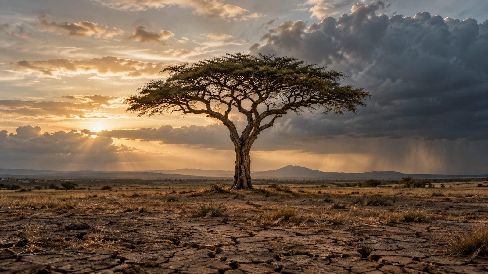 Savana seca ao amanhecer, com terra rachada e uma acácia solitária, enquanto as primeiras nuvens de chuva se juntam no horizonte