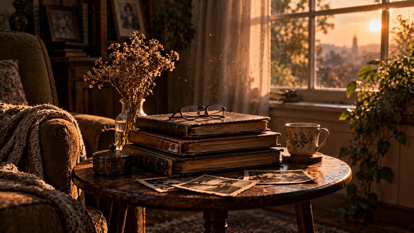 Mesinha junto a uma janela numa sala silenciosa, com uma pilha de álbuns de fotografia gastos e um par de óculos de leitura por cima, e partículas de poeira na luz suave da tarde