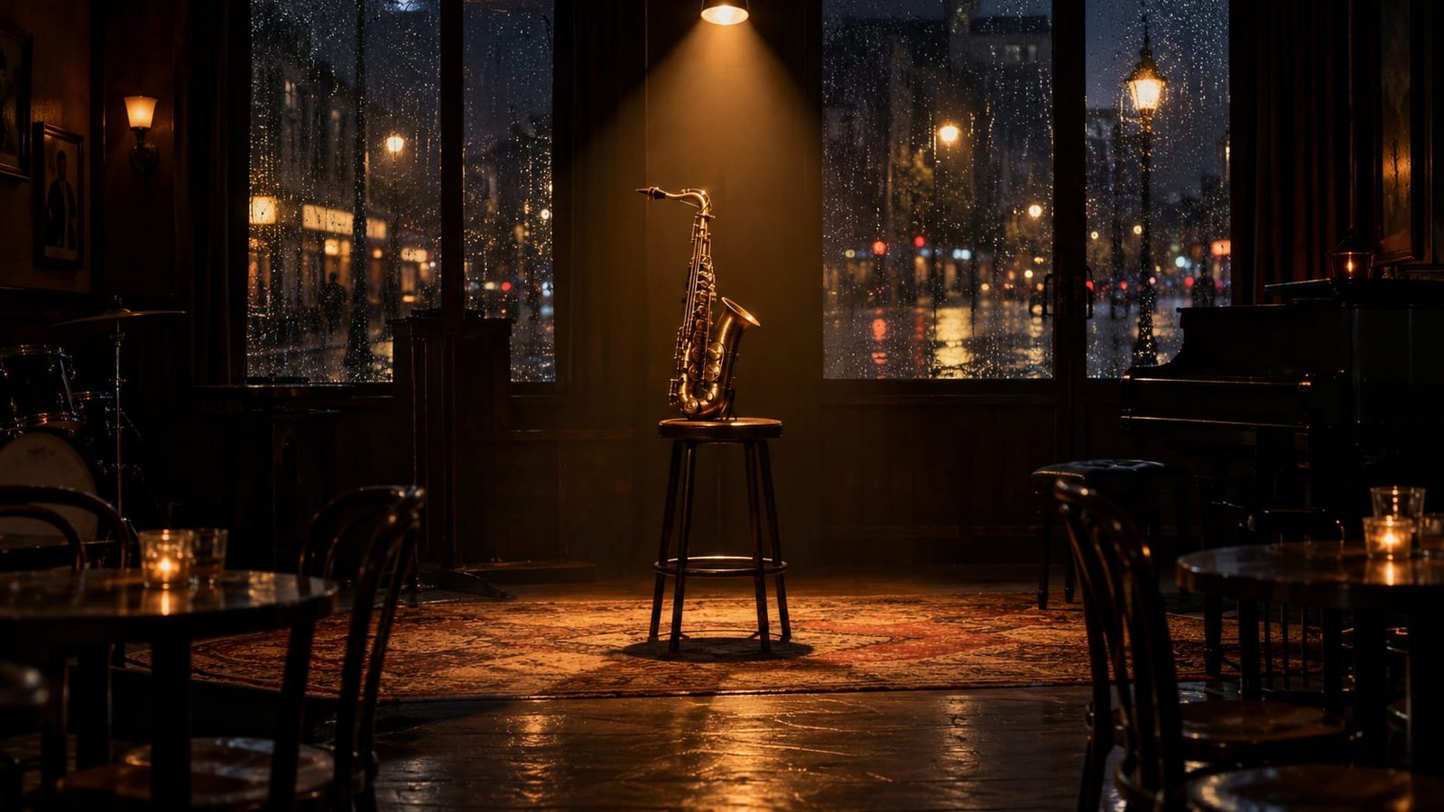 Bar de jazz vazio tarde da noite, com um saxofone apoiado sobre um banco sob um único foco de luz quente e chuva escorrendo pela janela
