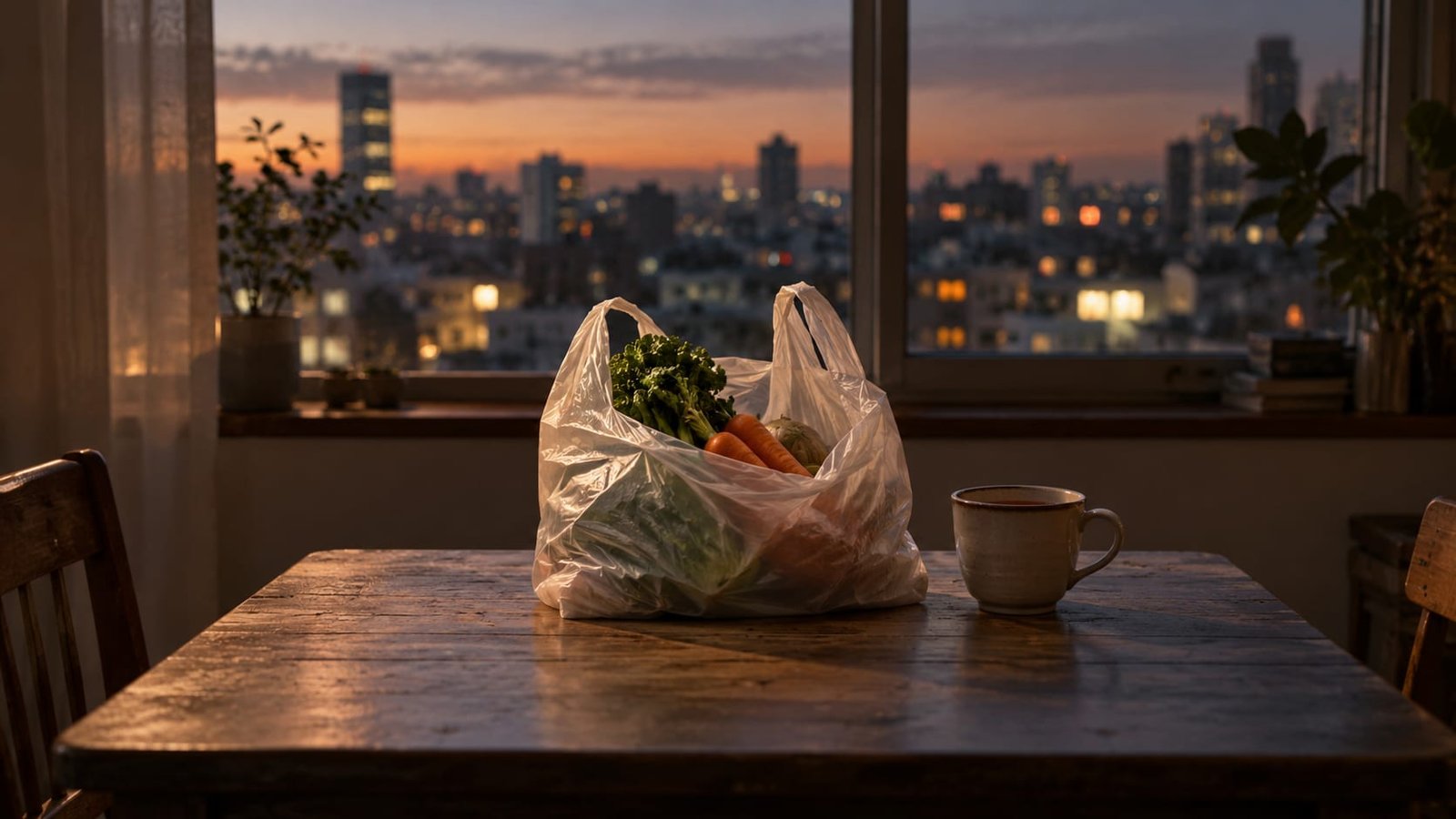 Sacola plástica de supermercado com alguns legumes sobre uma mesinha de apartamento ao entardecer, ao lado de uma xícara de chá pela metade, com luzes da cidade desfocadas na janela