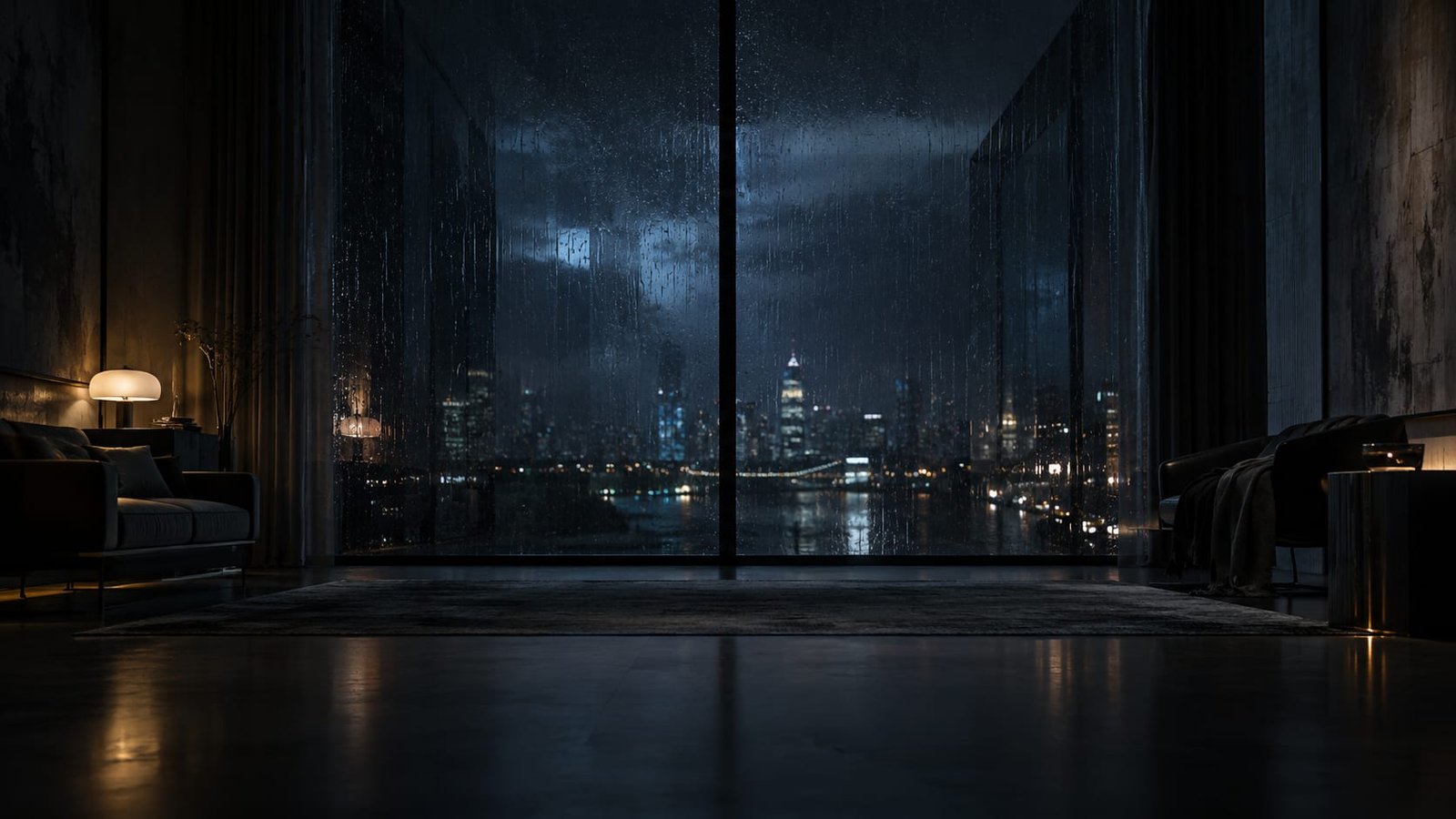Quarto escuro e vazio em que o brilho azul de uma tela distante se reflete numa janela molhada de chuva, e o reflexo duplica o quarto a ponto de não se saber qual lado é o real