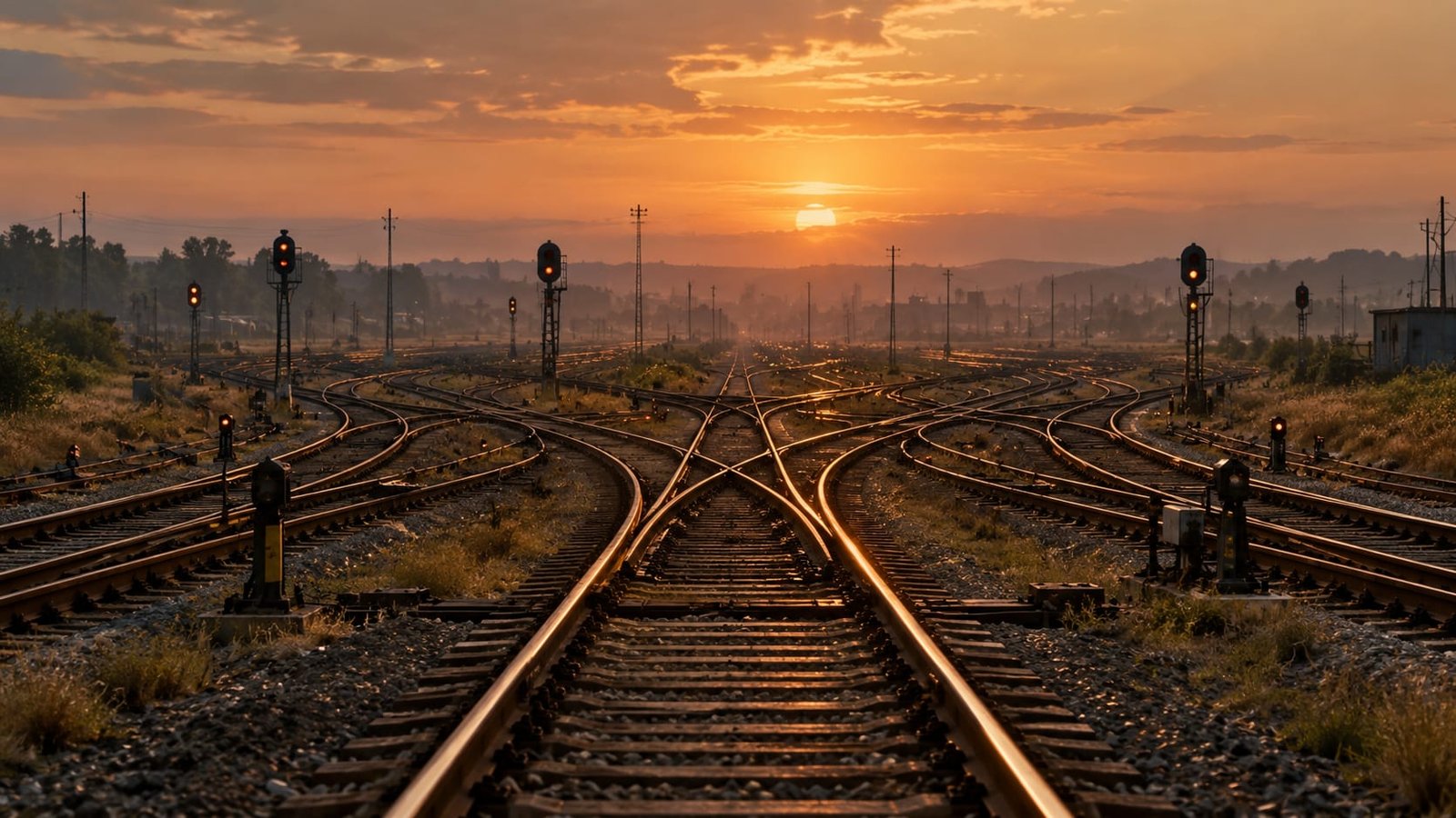 Trilhos de trem que se dividem em muitos ramais divergentes ao entardecer, sob um céu de verão enevoado, com lâmpadas de sinalização acesas e o ar tremulando de calor