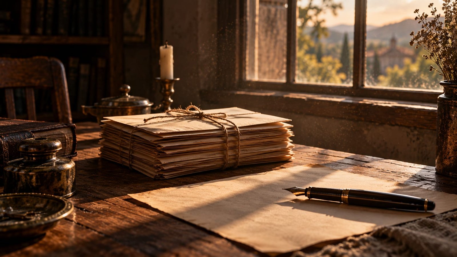 Pilha de envelopes lacrados e sem inscrições, amarrados com barbante, sobre uma escrivaninha antiga junto à janela, com uma caneta-tinteiro sobre uma folha em branco, luz suave da tarde e poeira suspensa