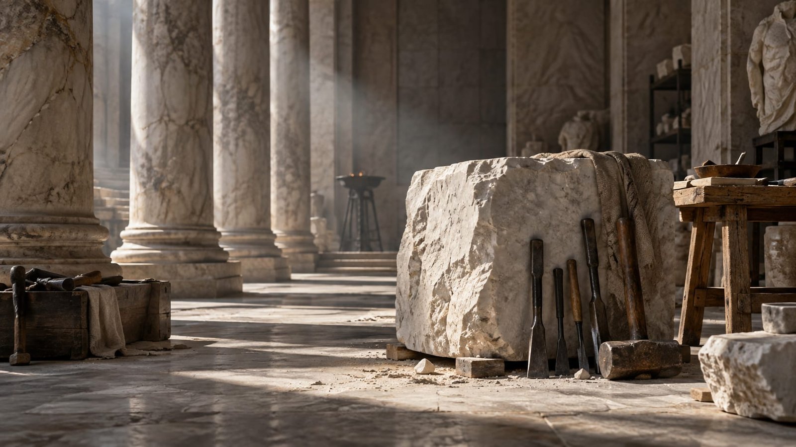 Colunas de mármore projetando sombras longas sobre um piso de pedra