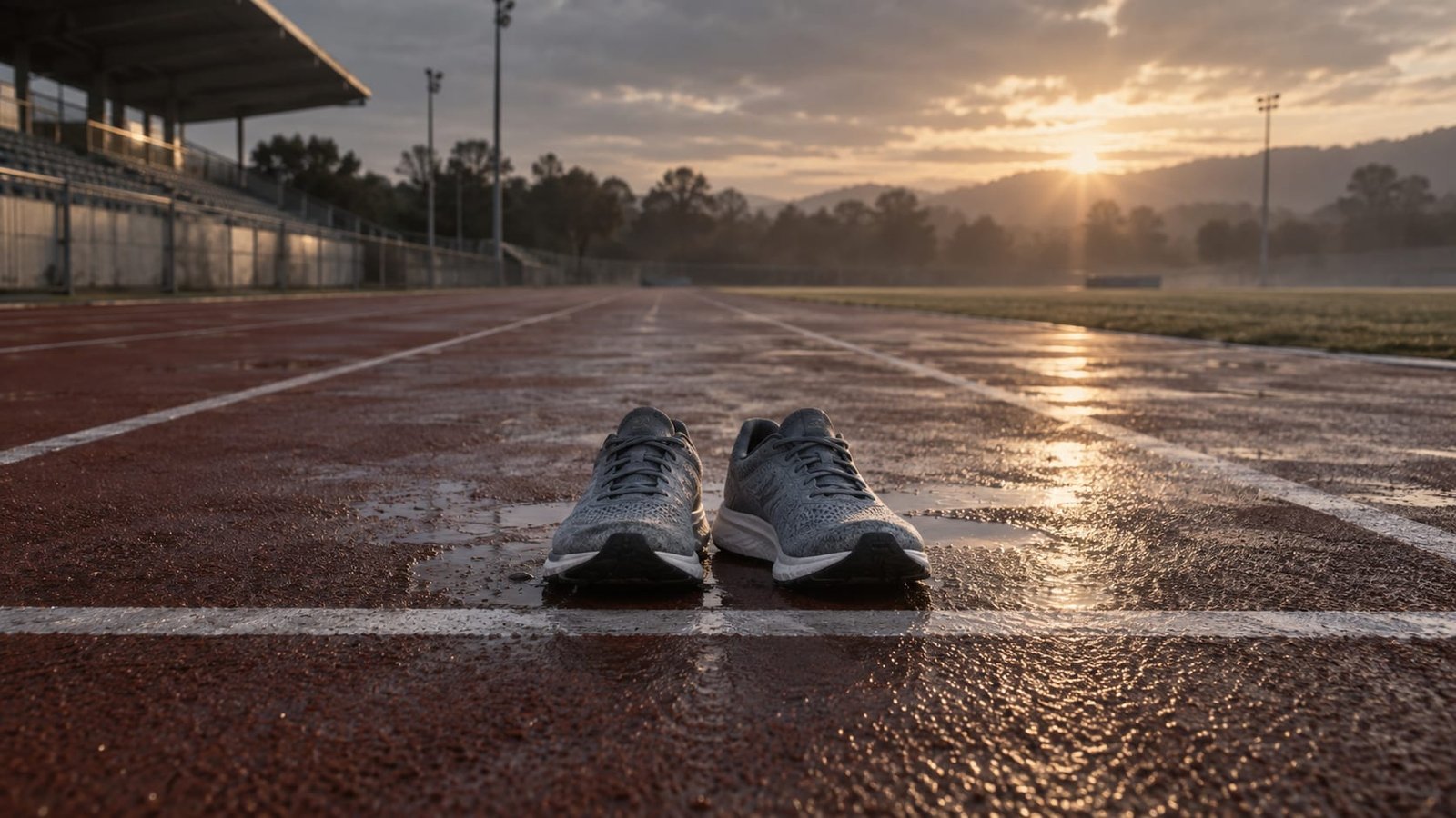 Pista de atletismo vazia ao amanhecer, com as raias molhadas