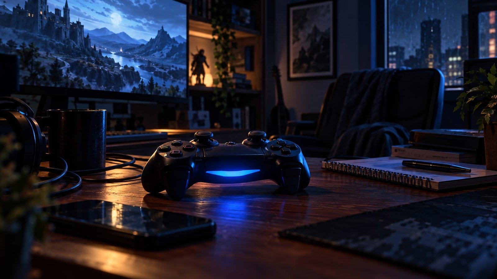 Controle de videogame sobre uma mesa, à luz de uma tela fora de quadro