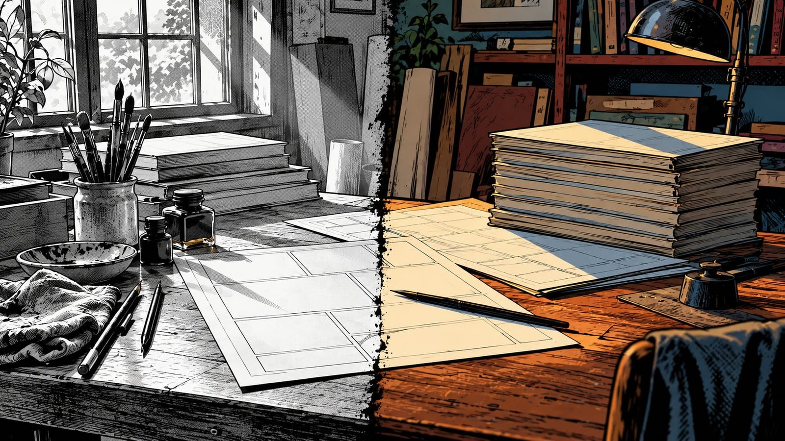 Pilha de revistas em quadrinhos sem capa visível sobre uma mesa de desenho