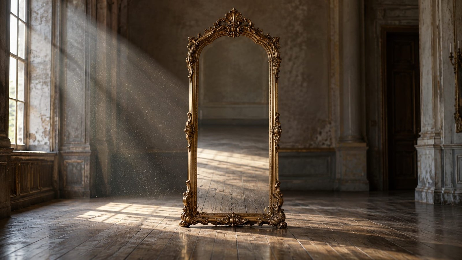 Espelho alto de moldura dourada num salão vazio, refletindo apenas o assoalho de madeira, cortado por um feixe de luz do dia