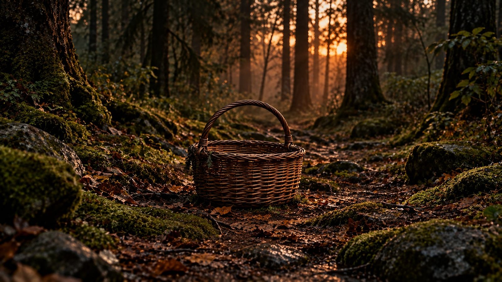 Uma cesta de vime abandonada num caminho coberto de musgo dentro de uma floresta densa, ao entardecer, com a luz quase sumindo entre os troncos