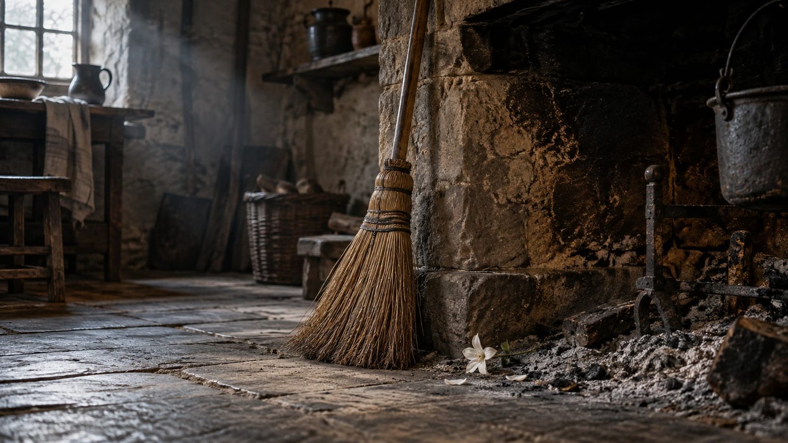 Uma vassoura de palha encostada numa lareira coberta de cinzas, numa cozinha silenciosa, com uma única flor pálida caída sobre as cinzas, sob a luz fria do amanhecer que entra por uma janela pequena