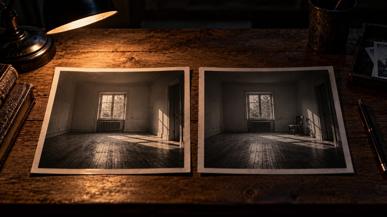 Duas fotografias em preto e branco quase idênticas de um cômodo vazio, lado a lado sobre uma mesa, com uma pequena diferença sutil entre elas, sob a luz de um abajur