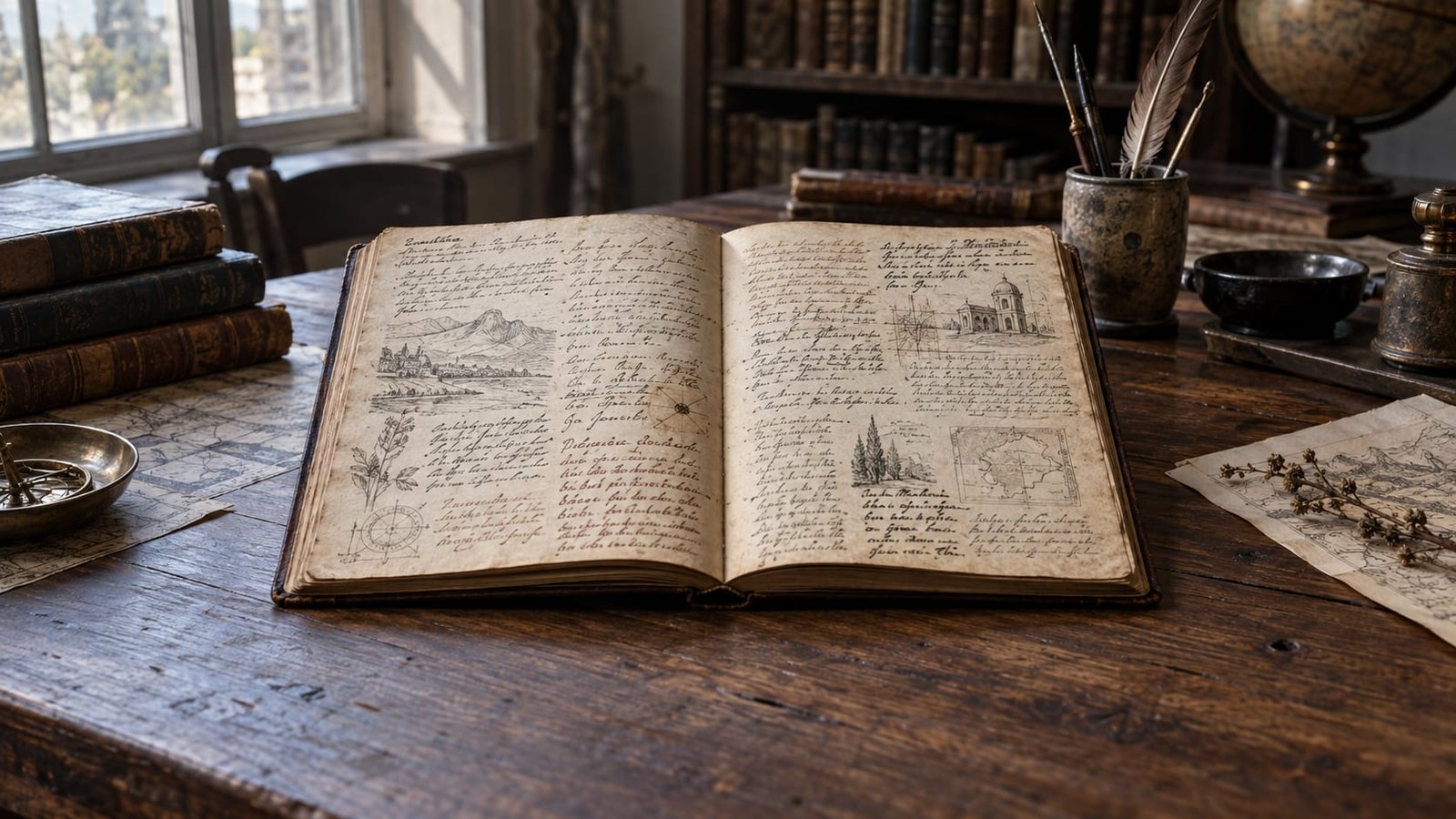 Um caderno aberto sobre uma mesa de biblioteca, com páginas preenchidas por várias caligrafias diferentes, sob luz natural suave