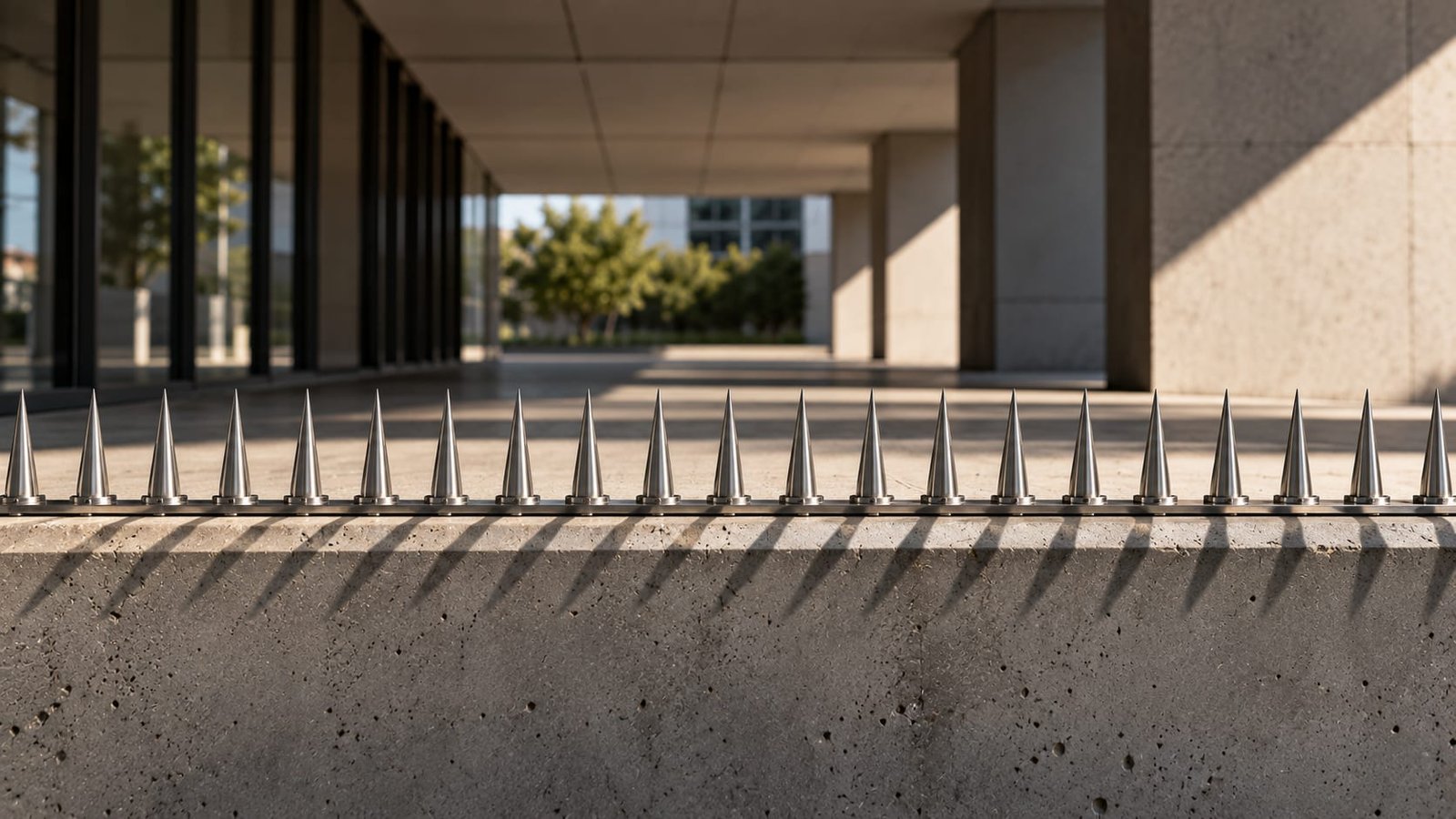 Uma fileira de espigões de metal embutidos numa borda de concreto sob uma marquise, luz dura e sombras marcadas, sem pessoas