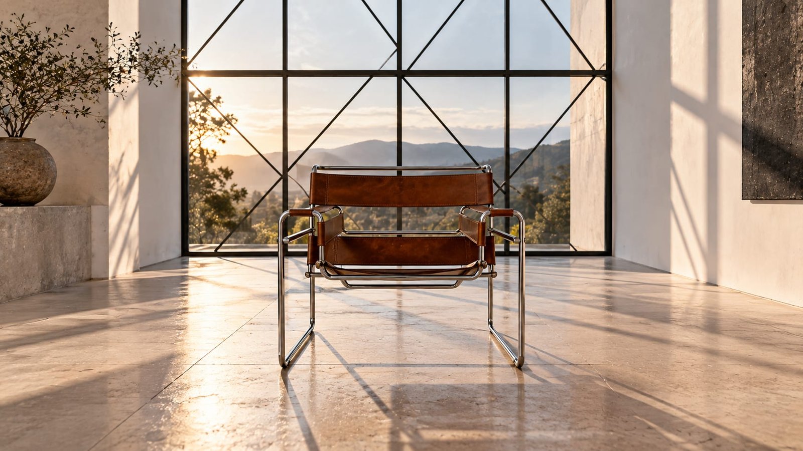 Cadeira tubular de aço e couro vazia diante de uma janela de vidro geométrica, em uma sala vazia e bem iluminada
