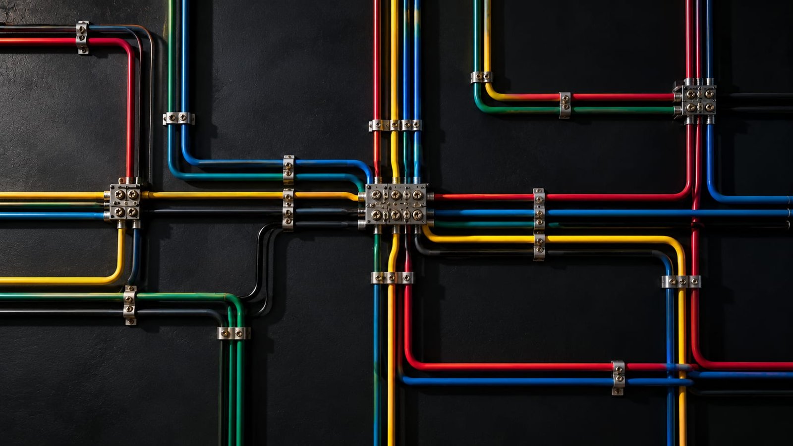 Fios elétricos coloridos dobrados em segmentos retos e ângulos de noventa graus sobre um fundo escuro, lembrando um diagrama de circuito, sem texto ou símbolos
