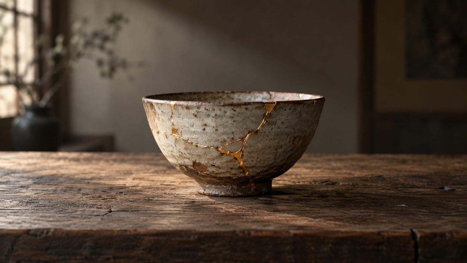 Uma tigela de cerâmica rachada e restaurada com costuras visíveis de ouro, sobre uma mesa de madeira rústica, luz natural suave, sem pessoas