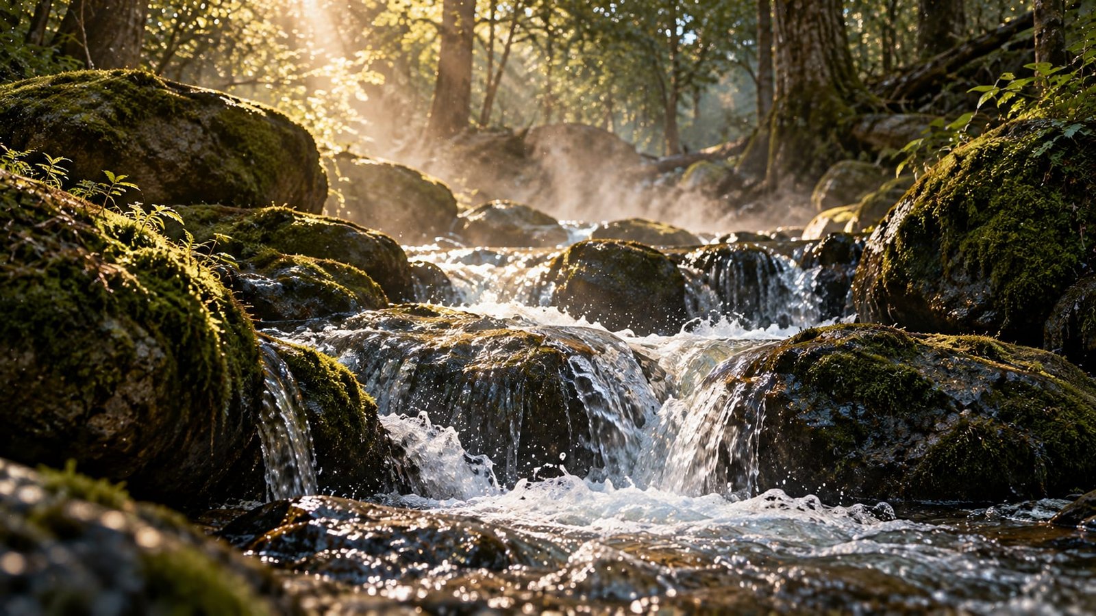 Água corrente sobre pedras escuras e musgosas em uma floresta, vista de perto, com névoa leve subindo e luz filtrada pelas árvores