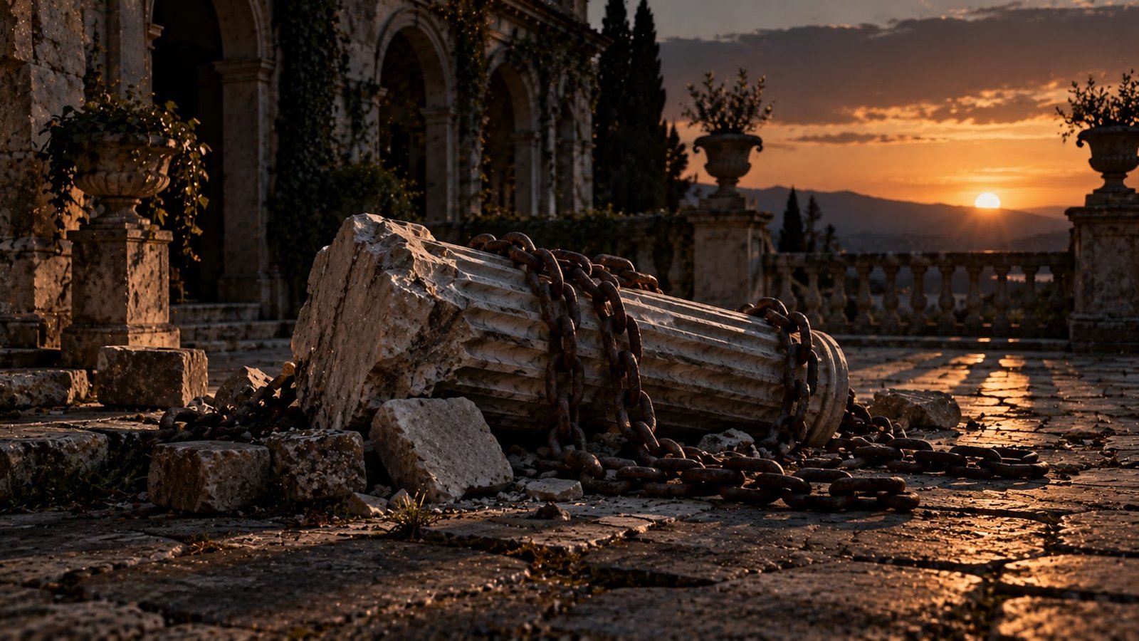 Correntes de ferro pesadas enroladas sobre um fragmento de coluna de mármore caída, em um pátio de pedra ao entardecer, com luz lateral dramática e sombras profundas