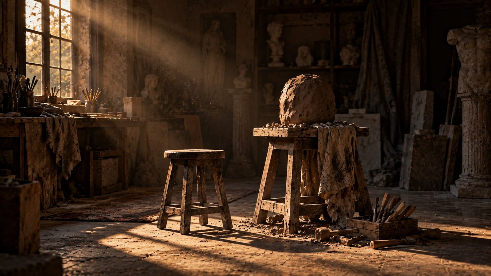 Ateliê de escultor na penumbra do amanhecer, com um banquinho de madeira vazio, um bloco de argila ainda bruto sobre um cavalete e ferramentas espalhadas, com poeira num feixe de luz
