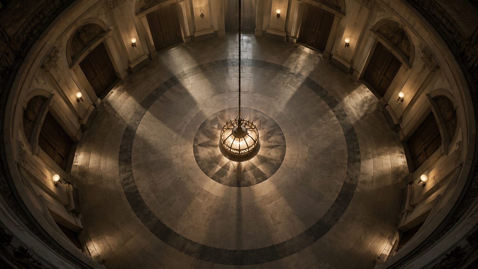 Um corredor circular vazio visto de cima, com portas idênticas ao redor e uma única luz acesa no centro, sombras longas