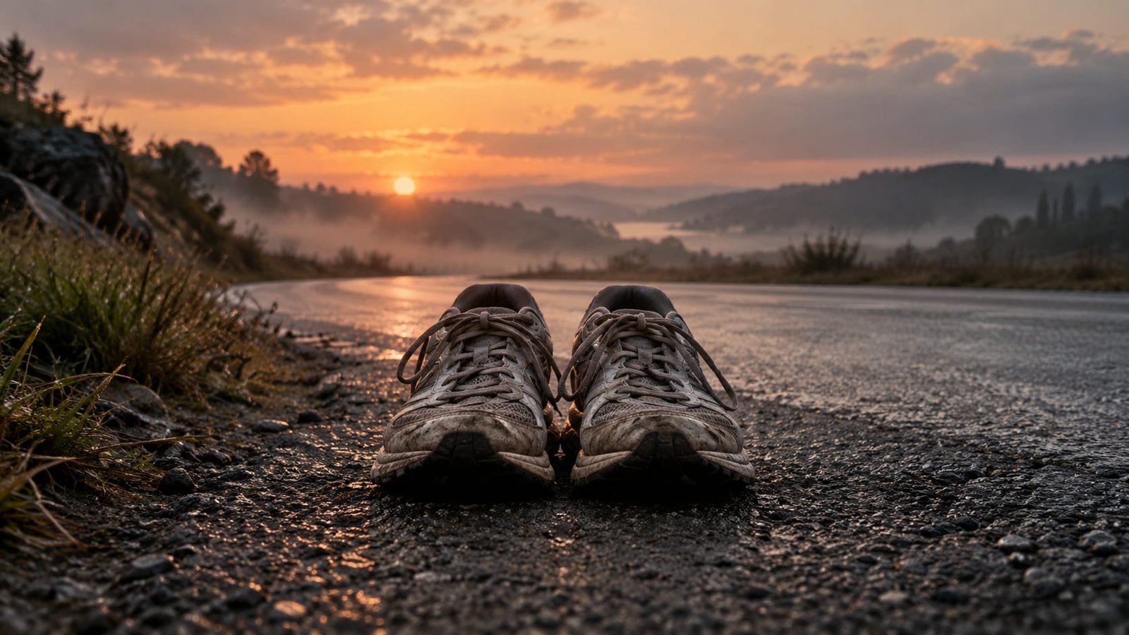 Um par de tênis de corrida gastos, pousados na beira de uma estrada vazia ao amanhecer, com neblina leve ao fundo