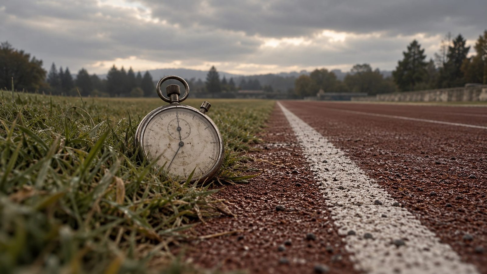 Uma raia solitária de uma pista de atletismo de saibro vazia sob céu nublado, com um cronômetro antigo pousado na grama ao lado