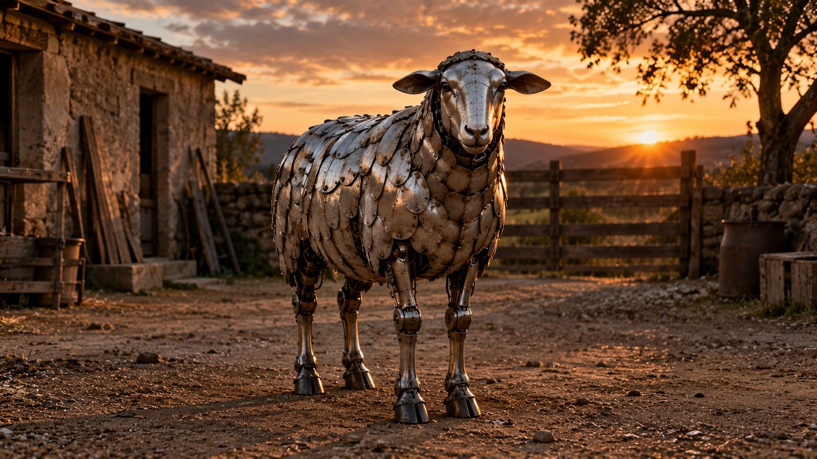 Uma ovelha mecânica de metal escovado parada num quintal empoeirado ao entardecer, imóvel como um animal de verdade.