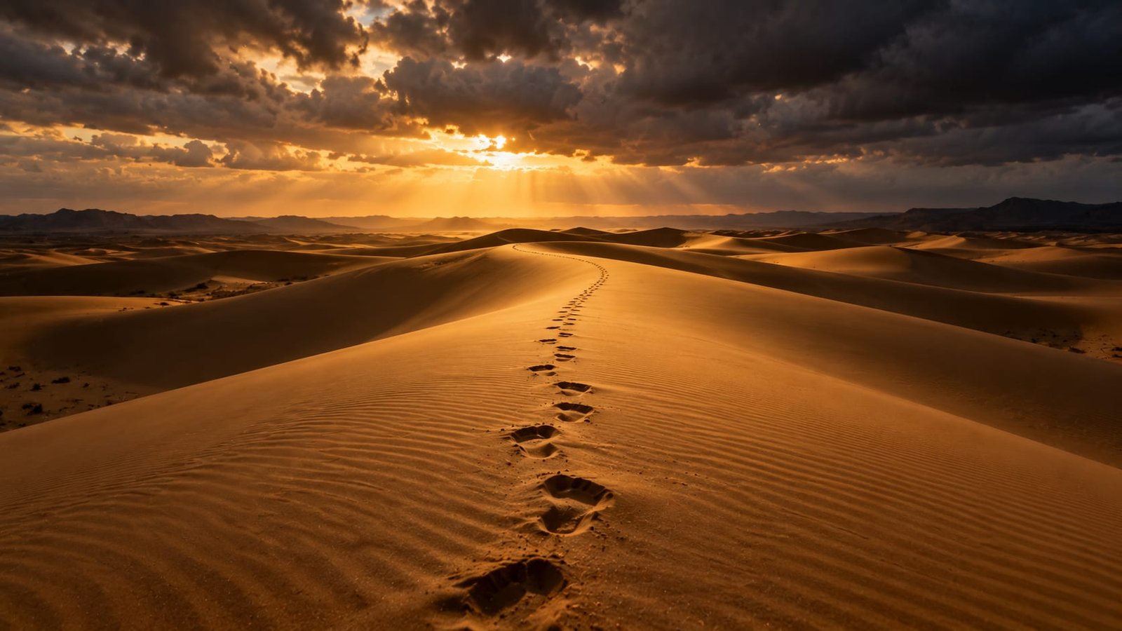 Dunas de areia dourada sob um céu carregado, com pegadas solitárias se perdendo ao longe, sem nenhuma figura visível.