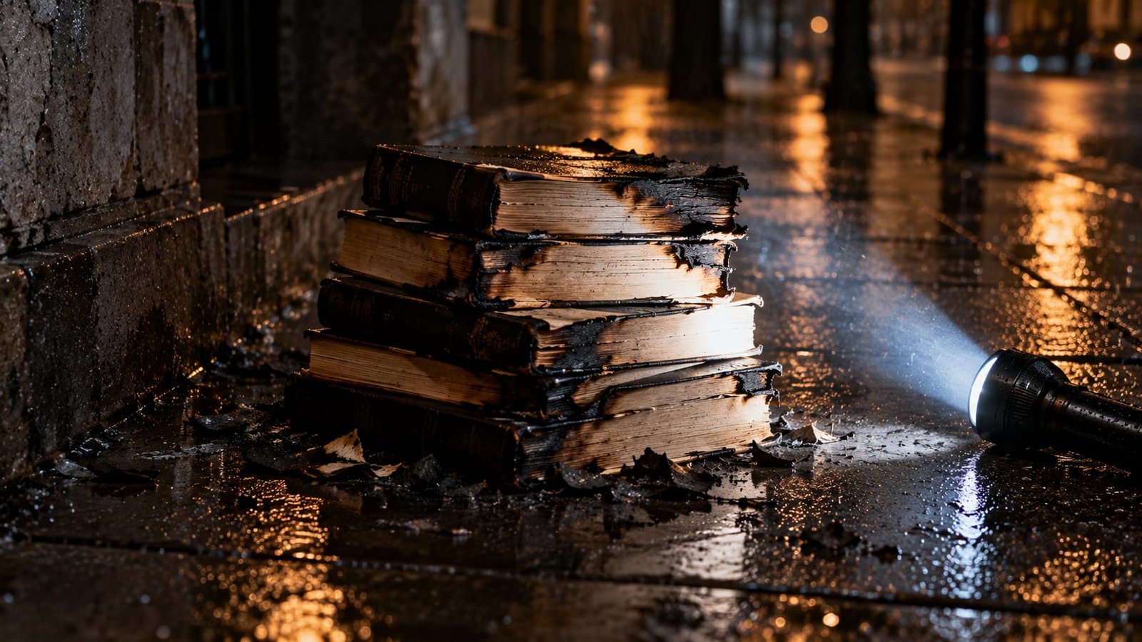 Uma pilha de livros carbonizados nas bordas sobre uma calçada molhada à noite, com um facho de luz de lanterna incidindo sobre eles.