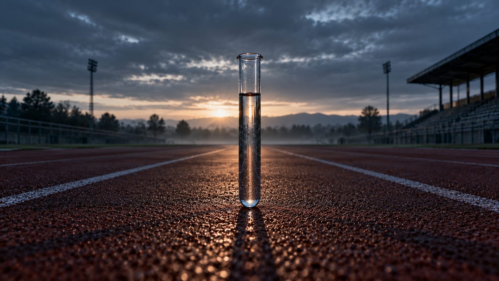Um tubo de ensaio equilibrado sobre uma pista de corrida vazia, iluminado por uma luz baixa e fria de amanhecer.
