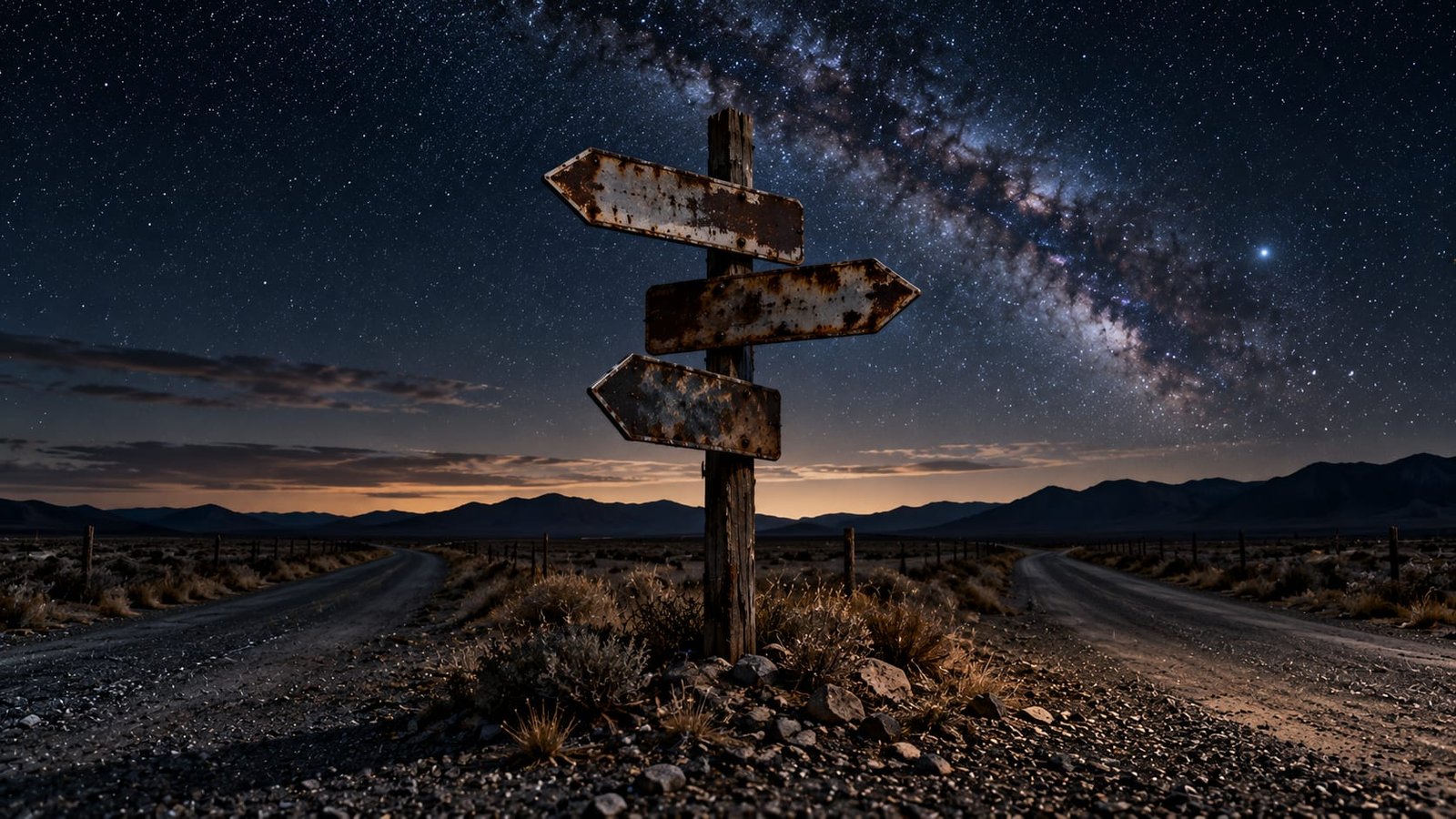 Uma velha placa de estrada apontando para direções que não levam a lugar nenhum, num acostamento vazio sob um céu estrelado.