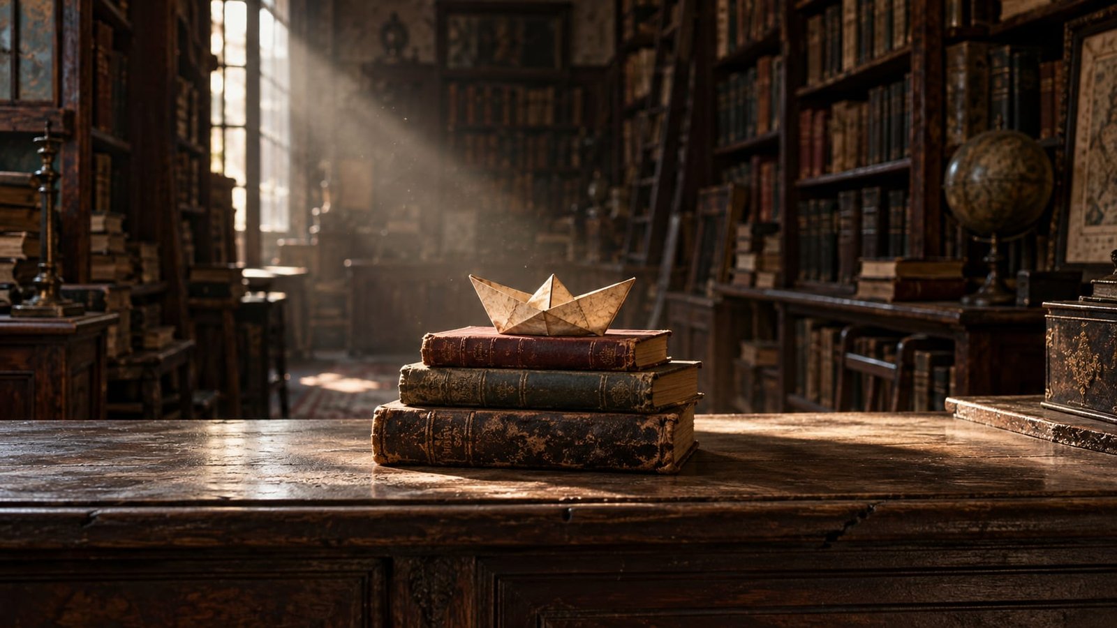Barquinho de papel dobrado sobre uma pilha de livros antigos numa livraria vazia, iluminado por um raio de sol empoeirado
