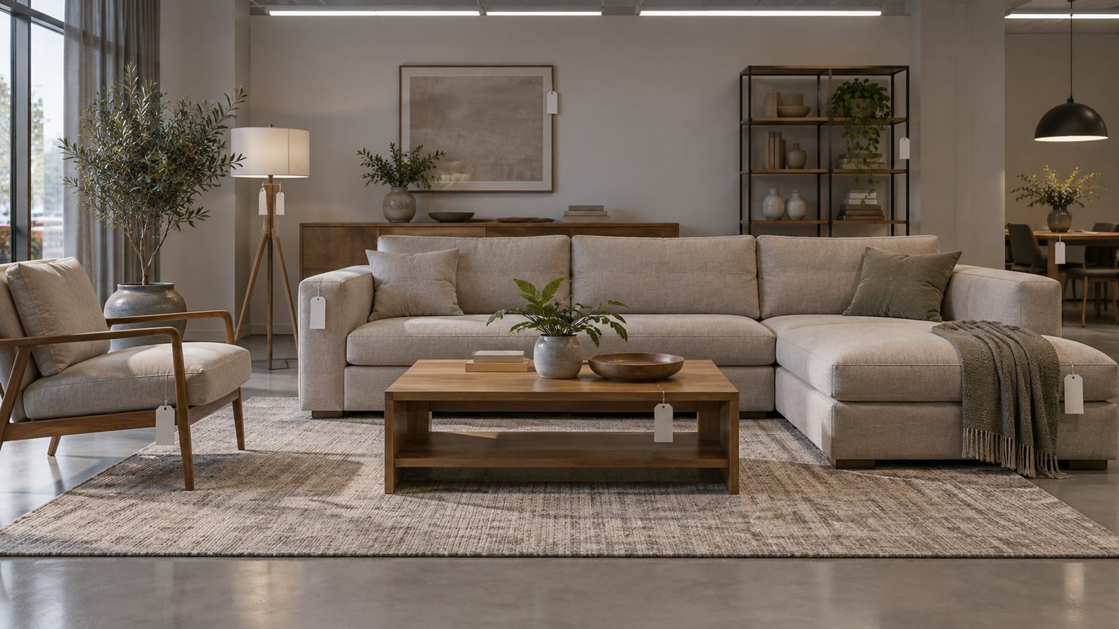 Sala de apartamento moderna, arrumada como vitrine, com móveis novos ainda com etiquetas, sob uma luz fria e sem ninguém
