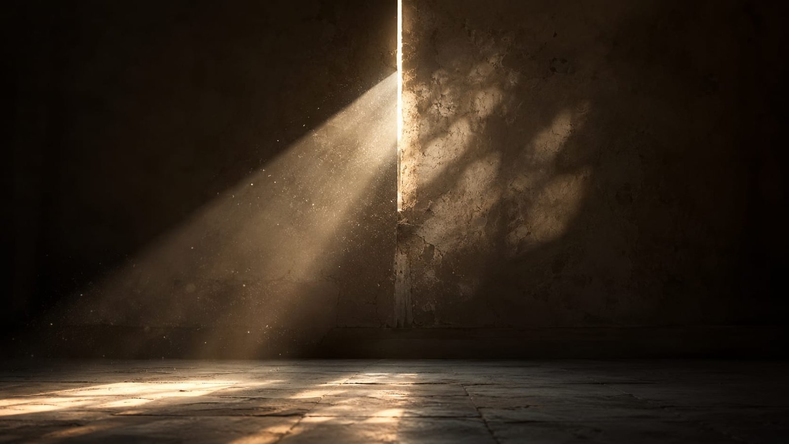Sala vazia e escura ao amanhecer, com um único feixe de sol entrando por uma fresta estreita, sombras difusas na parede e poeira suspensa no ar