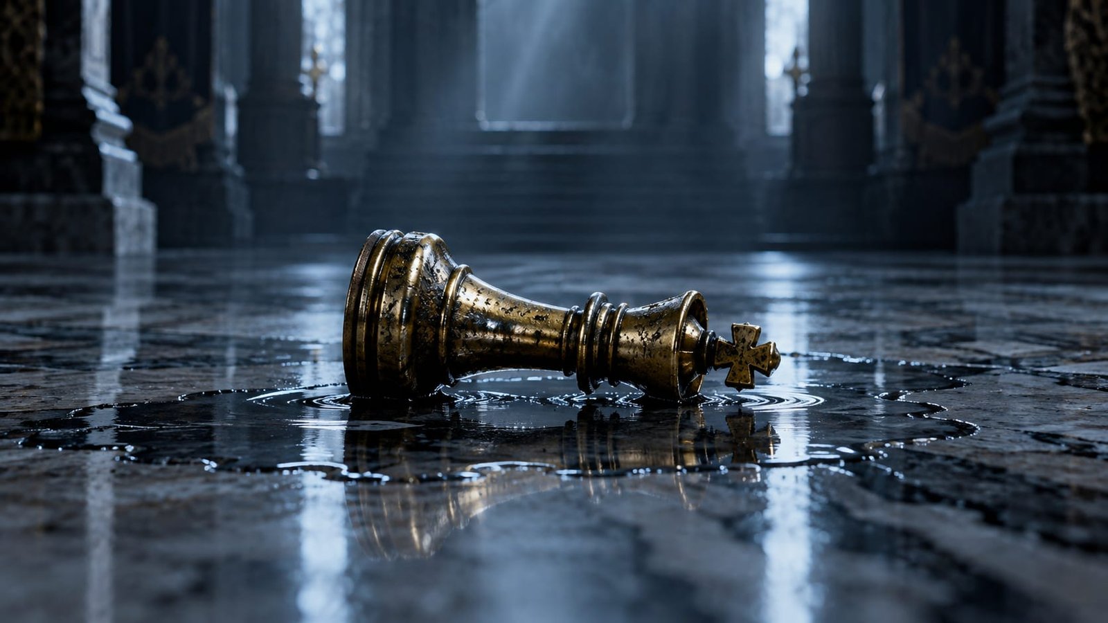 Rei de xadrez dourado e desgastado caído de lado sobre um piso de mármore molhado, com uma poça d'água em volta, sob luz azul e fria