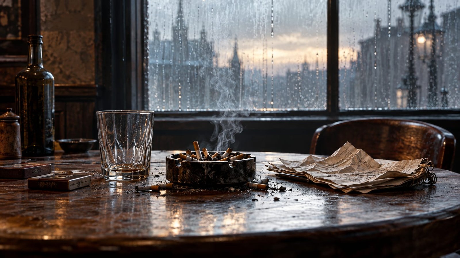 Mesa de bar ao amanhecer com um cinzeiro transbordando, um copo vazio e um caderno amassado, sob luz pálida e fria que atravessa uma janela molhada de chuva