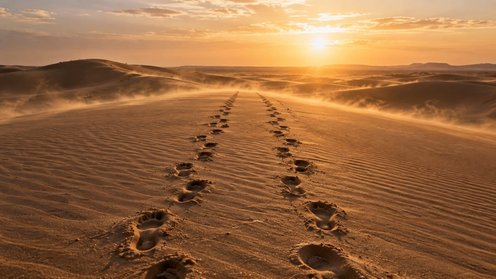 Duas trilhas de pegadas lado a lado em dunas de areia ondulada, seguindo rumo ao horizonte sob luz dourada de fim de tarde, com areia fina levada pelo vento