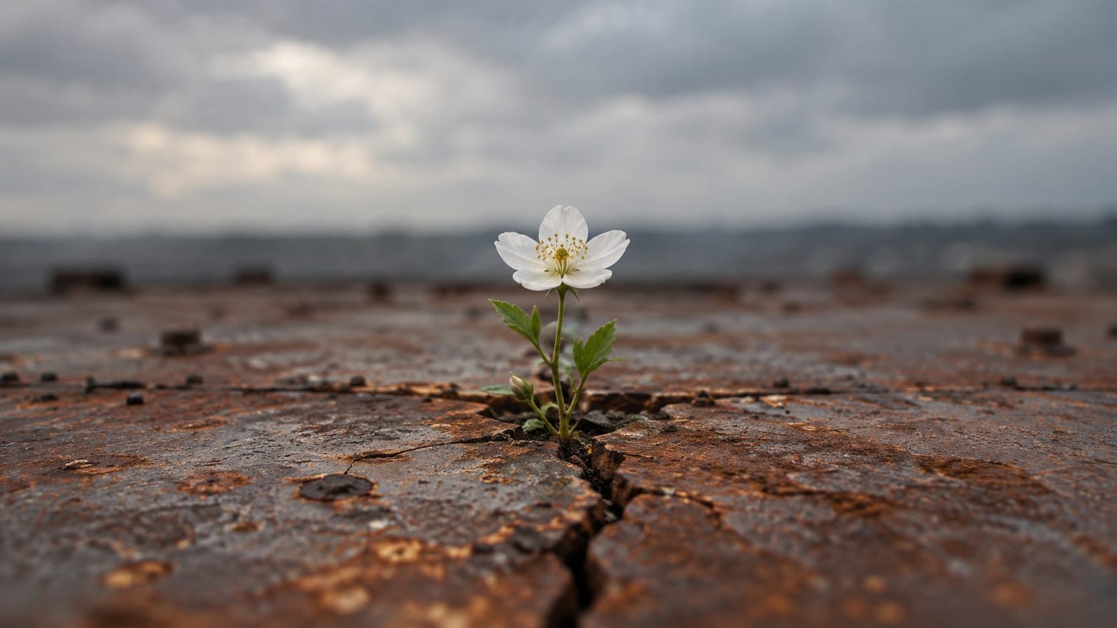 Uma única flor branca brotando de uma rachadura numa chapa de metal enferrujada, sob luz suave de céu nublado
