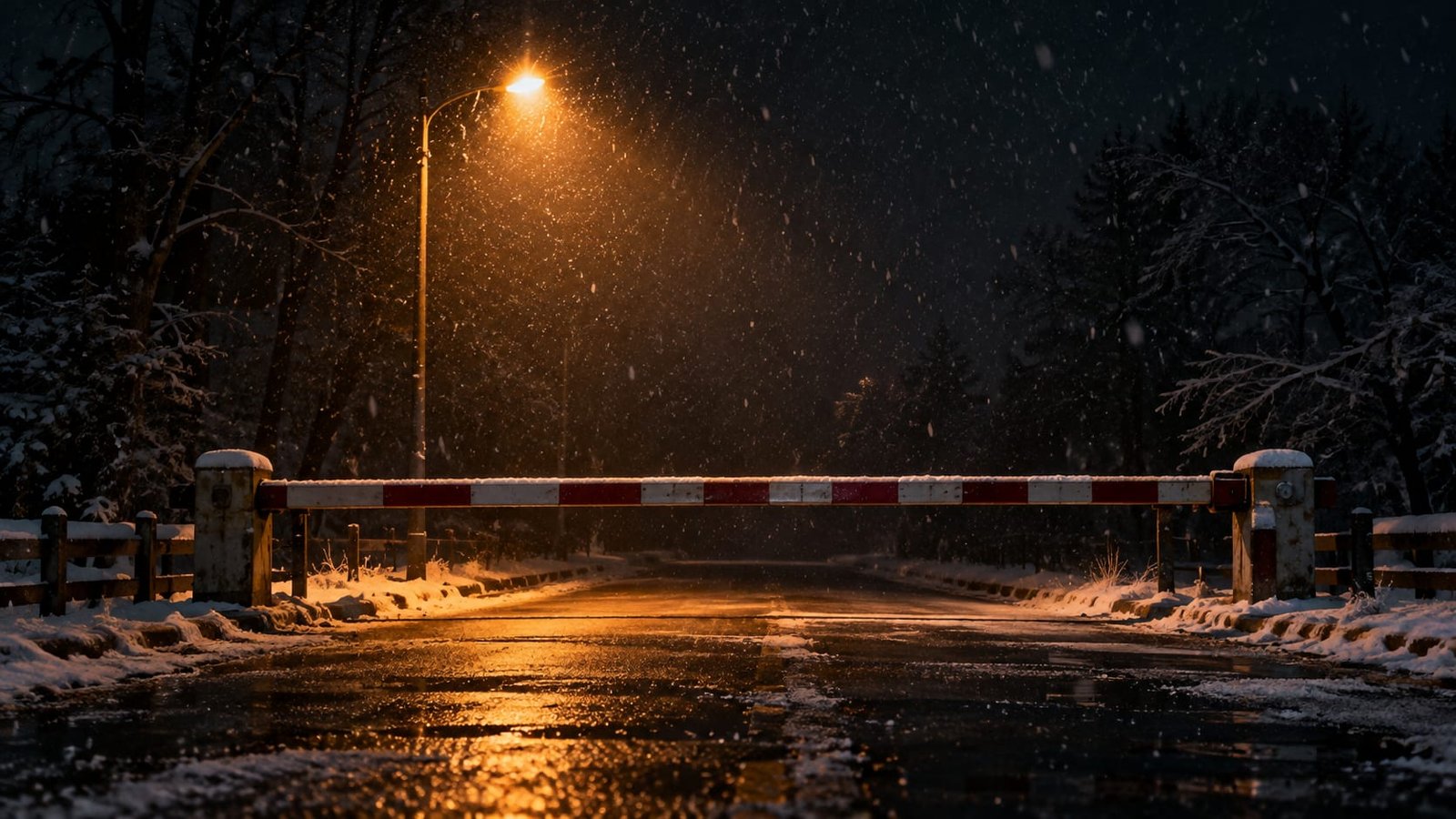 Cancela listrada de uma fronteira abaixada sobre uma estrada vazia à noite, sob neve fina e a luz alaranjada de um único poste