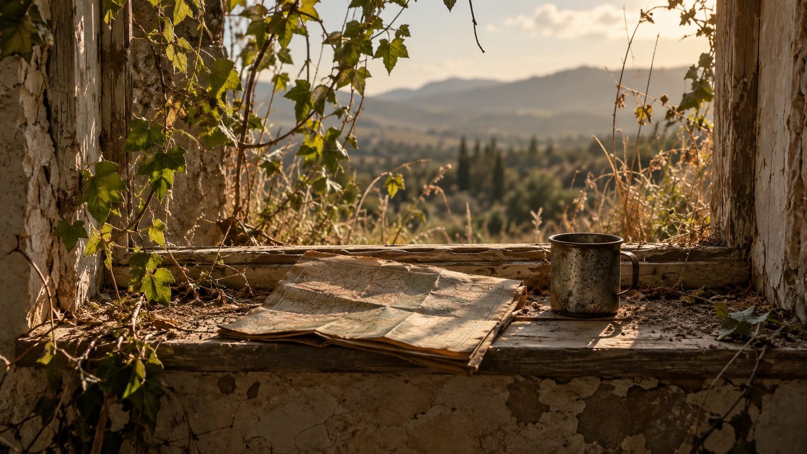 Mapa rodoviário dobrado e uma caneca de lata vazia no parapeito empoeirado de uma casa abandonada, com mato e trepadeiras entrando pela moldura rachada, sob luz quente de fim de tarde