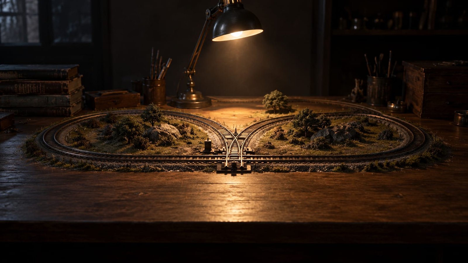 Entroncamento de uma ferrovia em miniatura sobre uma mesa, com trilhos que se separam e voltam a se juntar no mesmo circuito, à luz de um abajur
