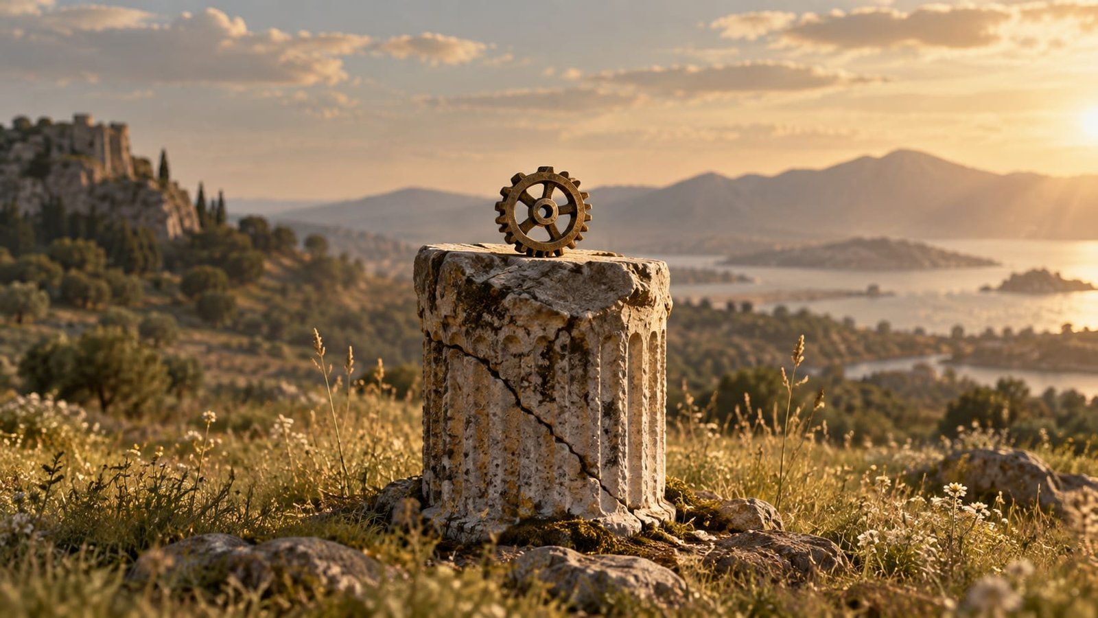 Fragmento de coluna de pedra rachada num campo ensolarado, com uma pequena engrenagem de bronze pousada no topo e poeira dourada no ar