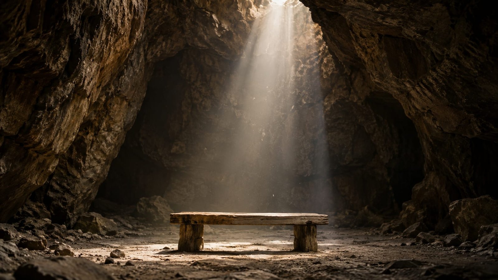 Banco de madeira antigo no fundo de uma caverna silenciosa, iluminado por um feixe de luz do dia que entra por uma fenda lá no alto, com poeira flutuando